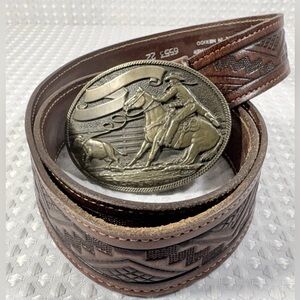 Belt & Calf Roping Rodeo Brass Belt Buckle Award Design Medals Oklahoma Size 36